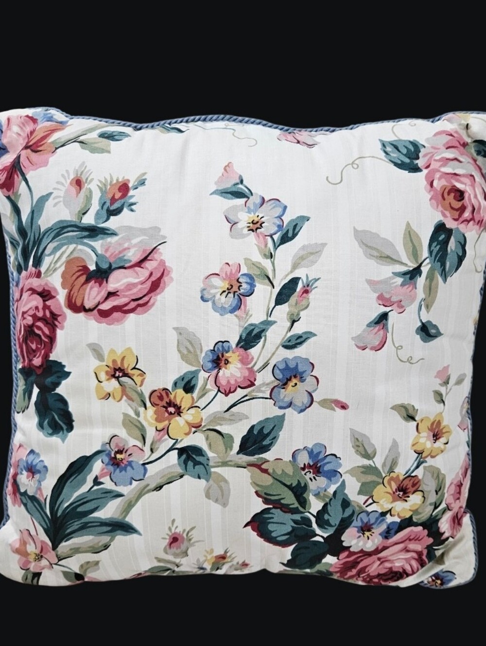 VTG Waverly Pink Yellow Floral Damask Stripe 16" Decor Pillow Blue Piping USA